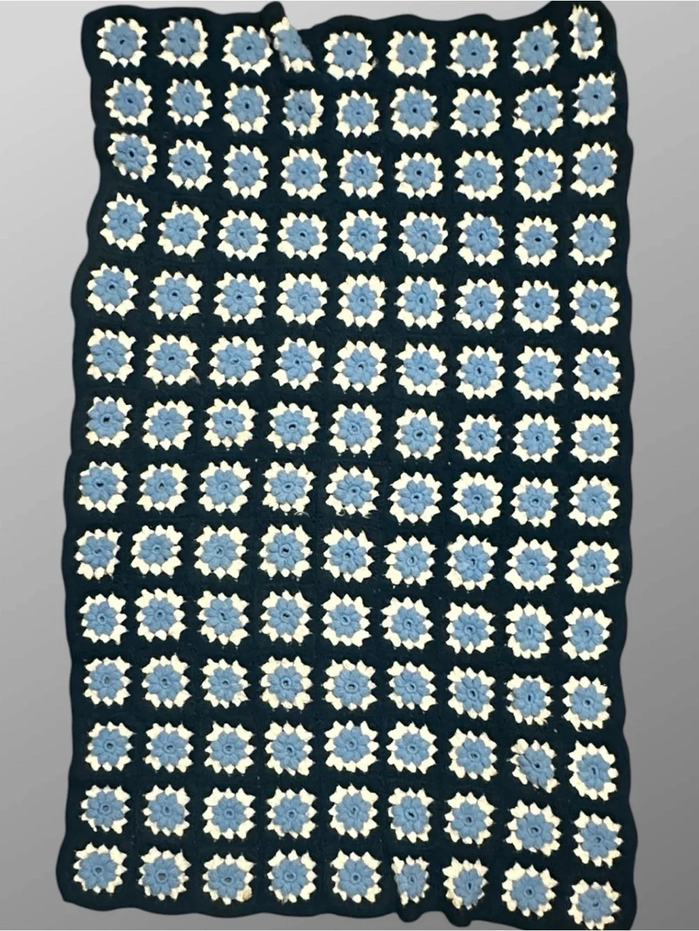 Vintage Crochet Afghan Blanket Navy Blue White Floral Granny Square 40x60